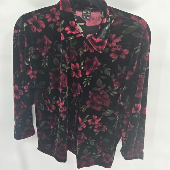 Nicole By Nicole Miller Black Red Velvet Floral Button Down Blouse Size 8 - Picture 1 of 7